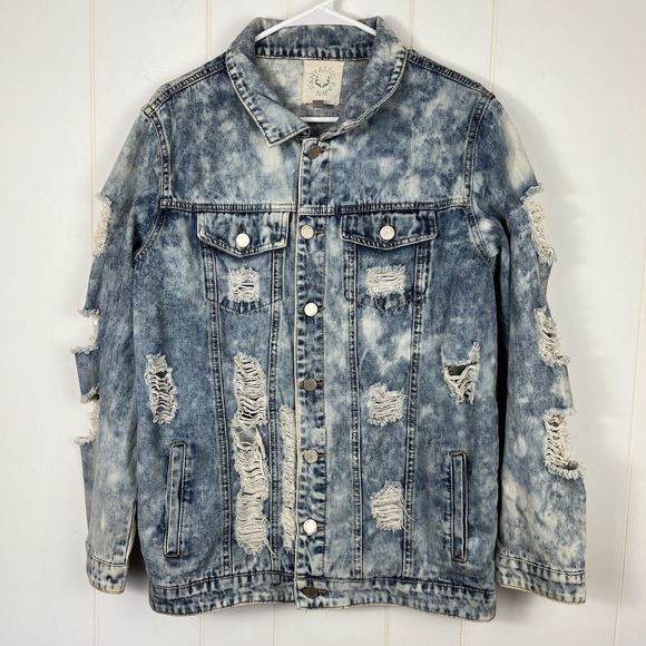 Fantastic Fawn Women Denim Trucker Jacket Medium Blue Holes Destroyed Distressed - Picture 1 of 12